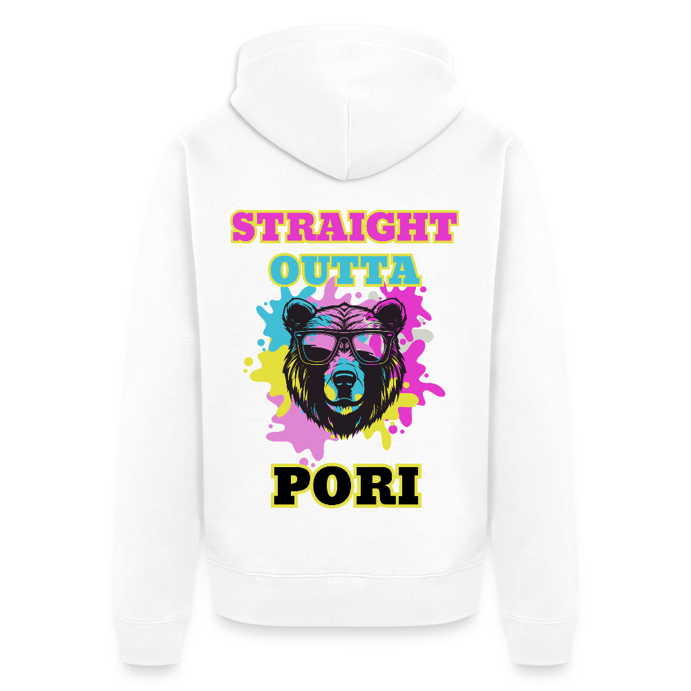 Miesten Premium vetoketjullinen huppari Straight Outta Pori selkäpainatuksella - valkoinen