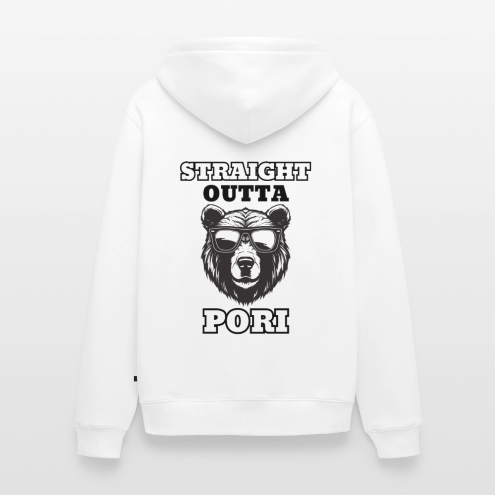 Miesten Premium vetoketjullinen huppari Straight Outta pori selkäpainatuksella - valkoinen