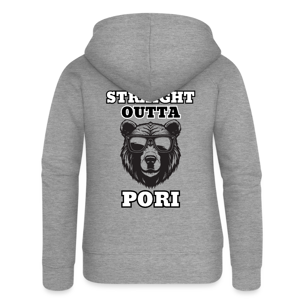 Naisten Premium svetaritakki Straight Outta Pori mustavalkoinen selkäpainatuksella - harmaasävyinen