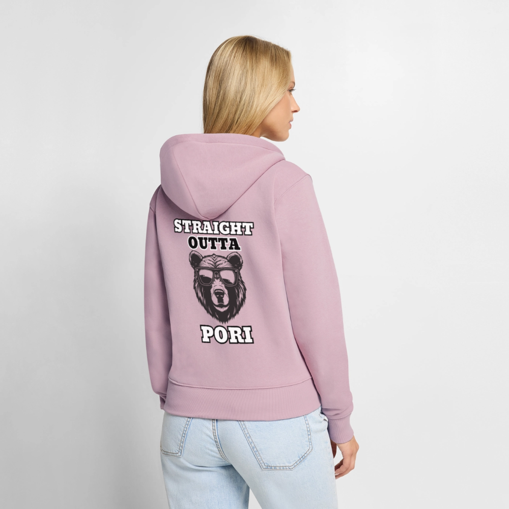 Naisten Premium svetaritakki Straight Outta Pori mustavalkoinen selkäpainatuksella - vanha roosa