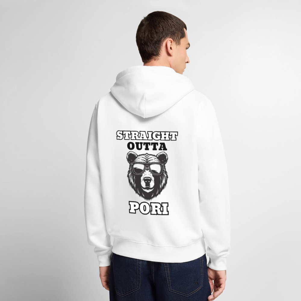 Miesten Premium vetoketjullinen huppari Straight Outta pori selkäpainatuksella - valkoinen