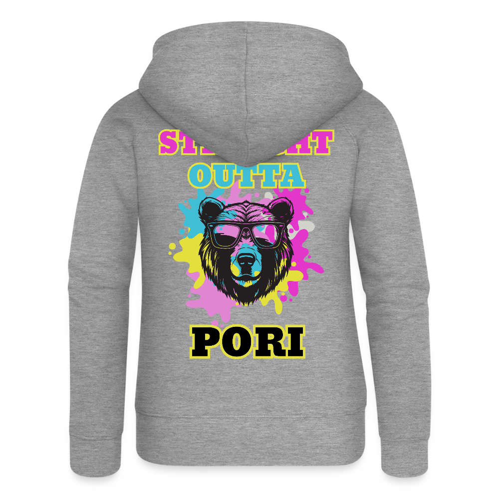 Naisten Premium svetaritakki Straight Outta Pori selkäpainatuksella - harmaasävyinen