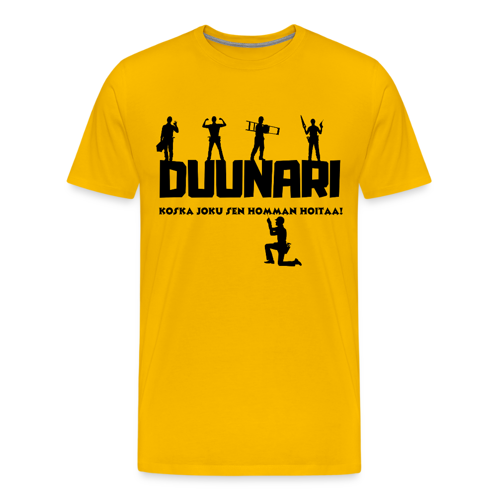 Miesten Spreadshirt Premium T-paita Duunari Printillä - auringonkeltainen