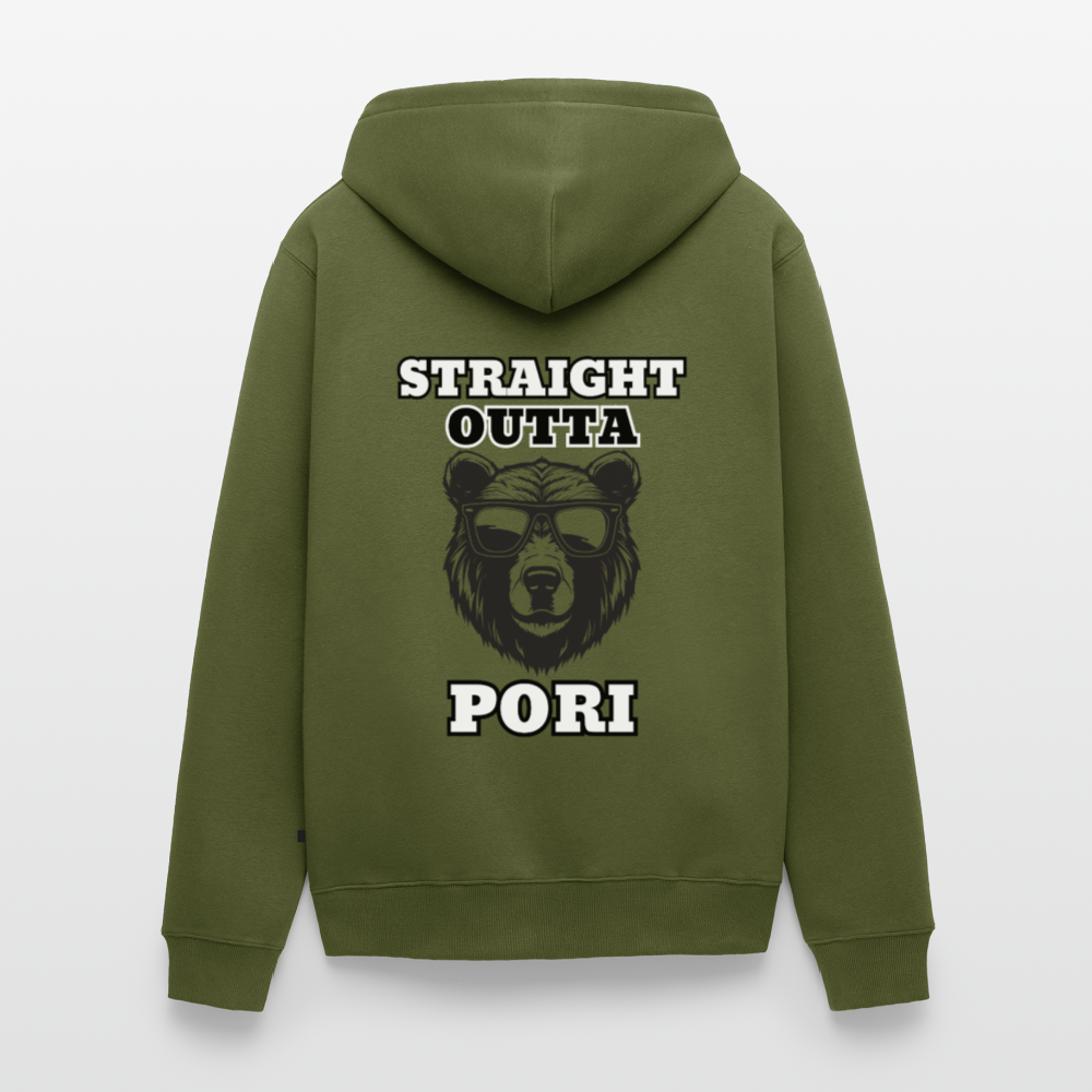 Miesten Premium vetoketjullinen huppari Straight Outta pori selkäpainatuksella - khaki