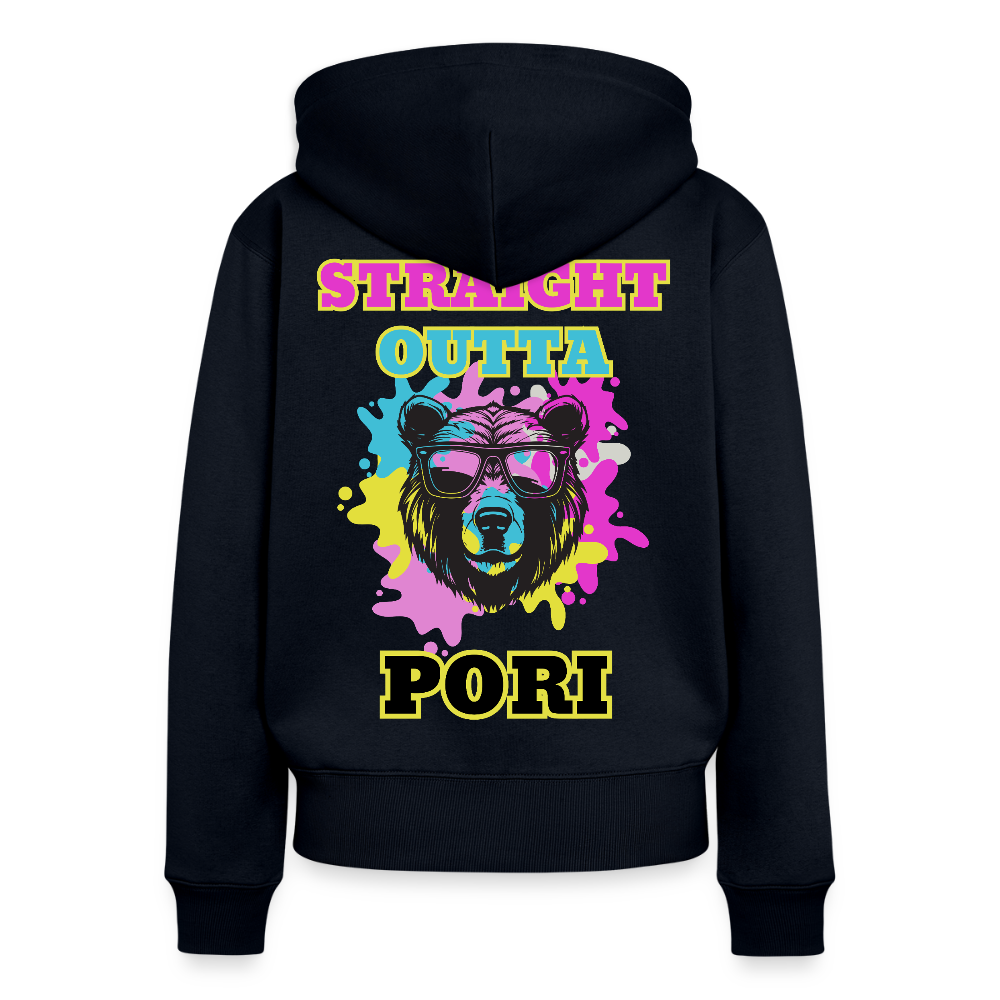 Naisten Premium svetaritakki Straight Outta Pori selkäpainatuksella - laivastonsininen