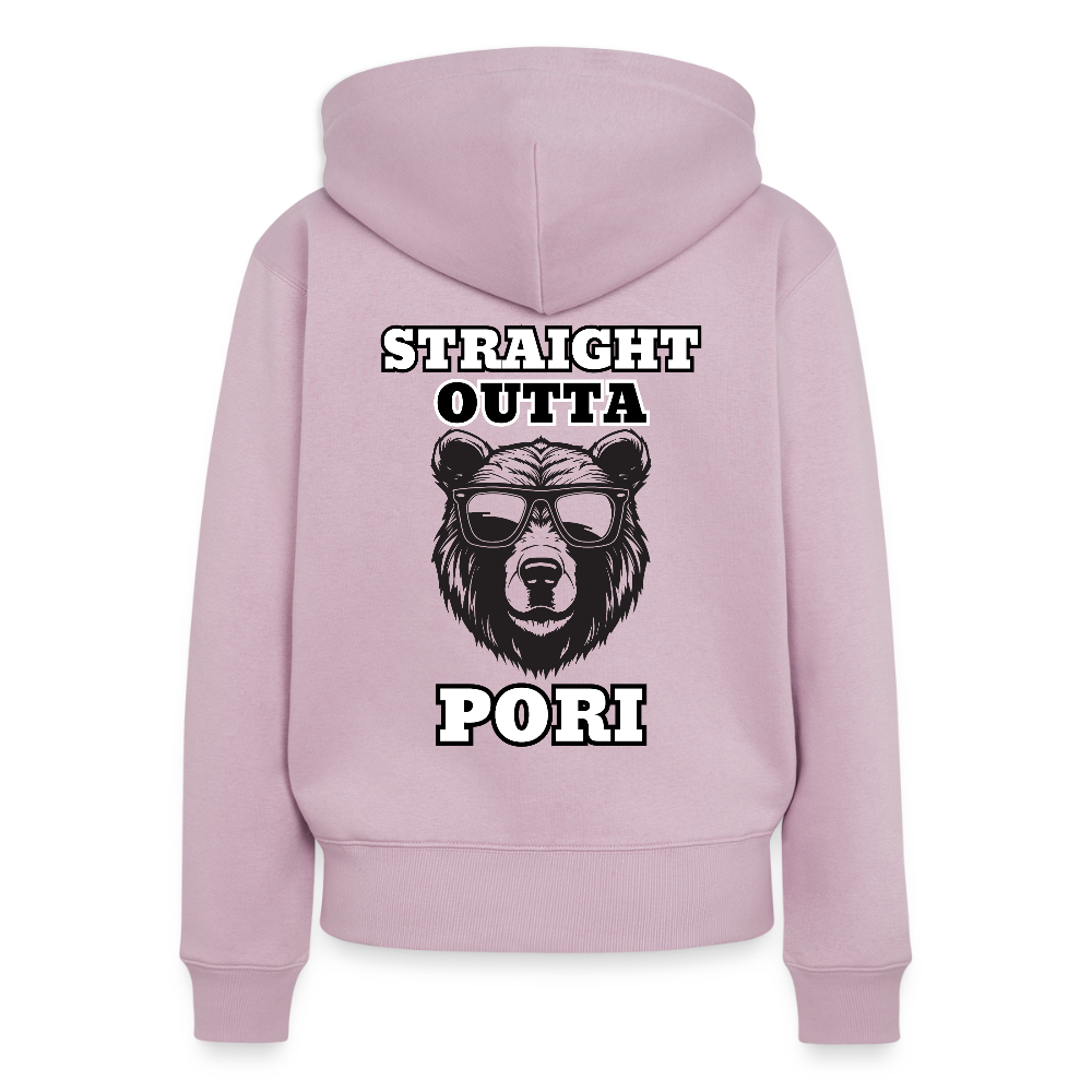 Naisten Premium svetaritakki Straight Outta Pori mustavalkoinen selkäpainatuksella - vanha roosa