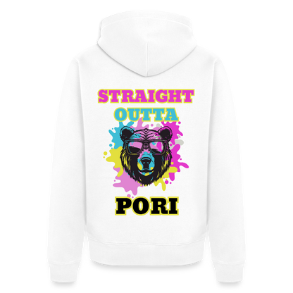 Miesten Premium vetoketjullinen huppari Straight Outta Pori selkäpainatuksella - valkoinen