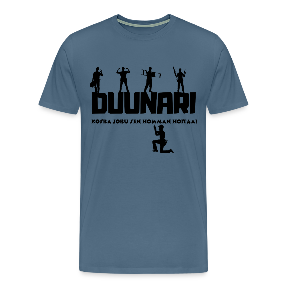Miesten Spreadshirt Premium T-paita Duunari Printillä - siniharmaa