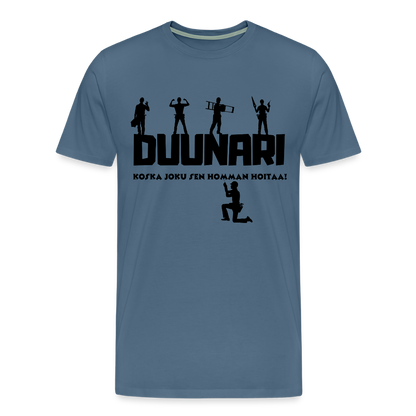 Miesten Spreadshirt Premium T-paita Duunari Printillä - siniharmaa