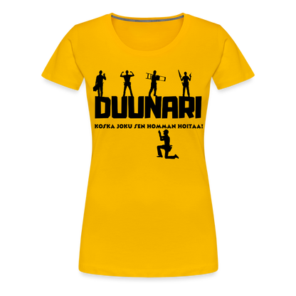 Naisten Spreadshirt Premium T-paita Duunari Printillä - auringonkeltainen