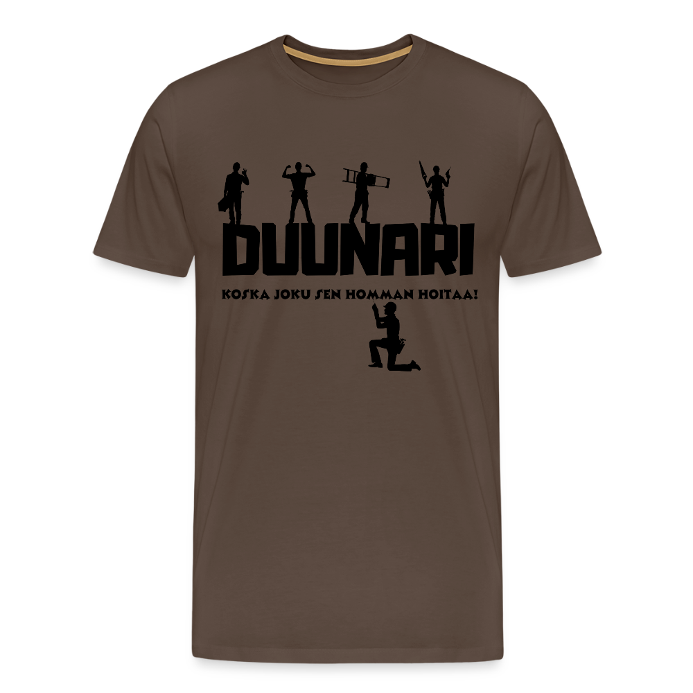 Miesten Spreadshirt Premium T-paita Duunari Printillä - tyylikäs ruskea