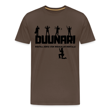 Miesten Spreadshirt Premium T-paita Duunari Printillä - tyylikäs ruskea