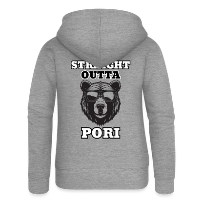 Naisten Premium svetaritakki Straight Outta Pori mustavalkoinen selkäpainatuksella - harmaasävyinen