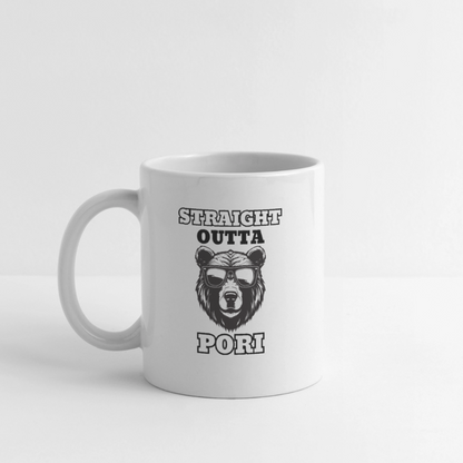 Valkoinen muki Straight Outta Pori Mustavalkoinen - valkoinen