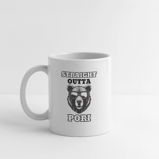 Valkoinen muki Straight Outta Pori Mustavalkoinen - valkoinen