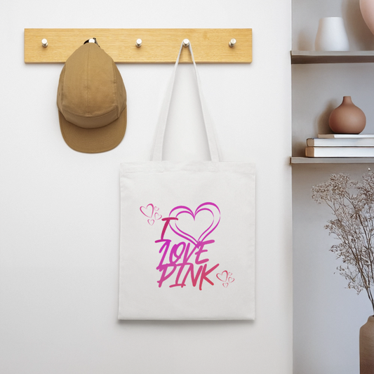 Kangaskassi I Love Pink - valkoinen