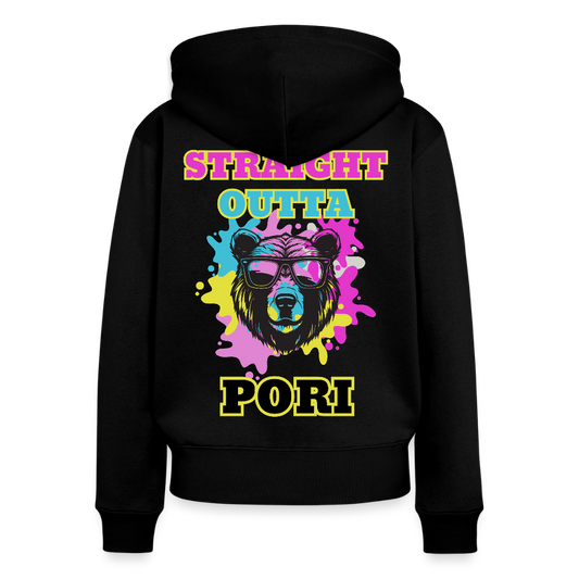 Naisten Premium svetaritakki Straight Outta Pori selkäpainatuksella - musta