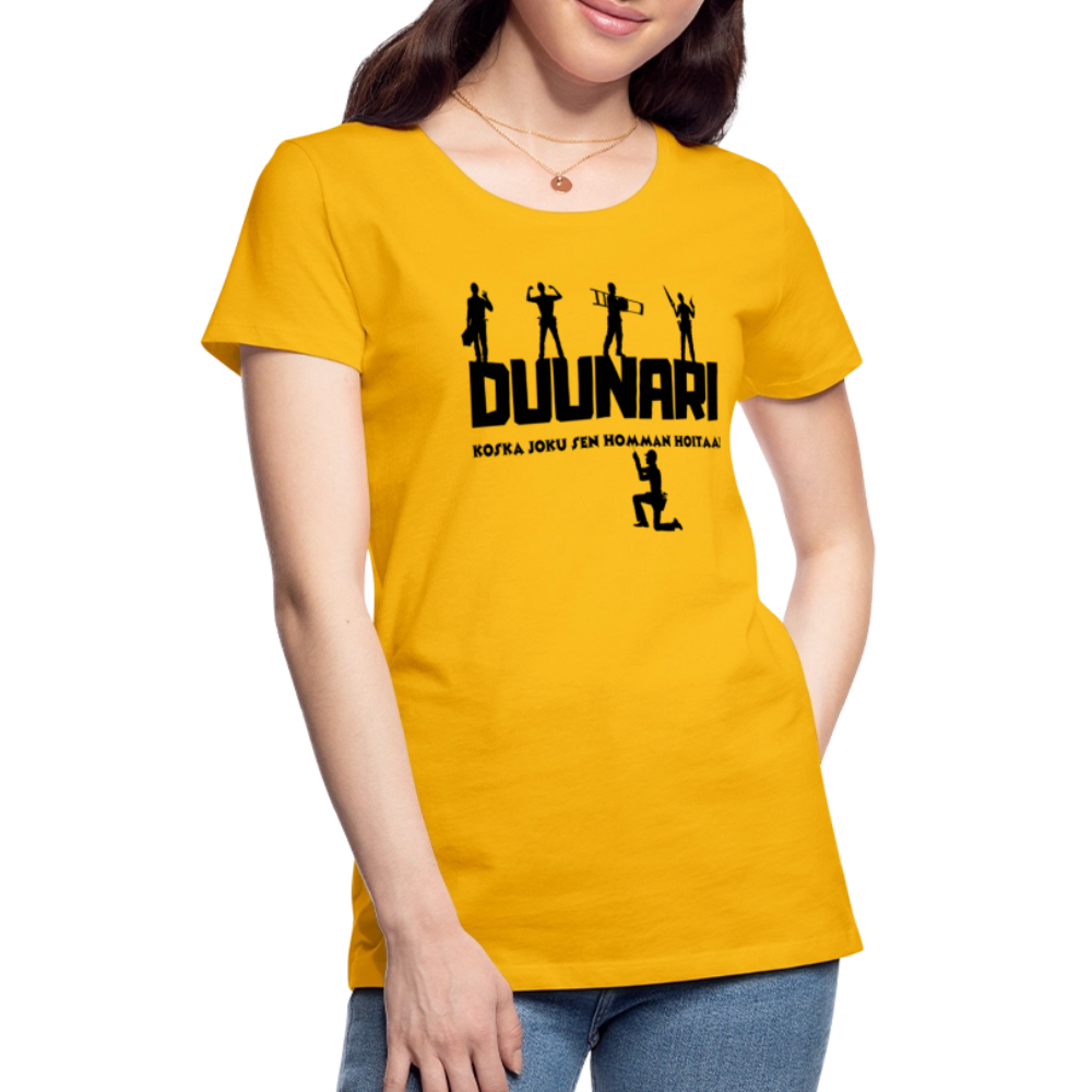 Naisten Spreadshirt Premium T-paita Duunari Printillä - auringonkeltainen