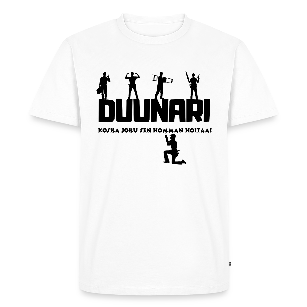 Miesten Spreadshirt Premium T-paita Duunari Printillä - valkoinen