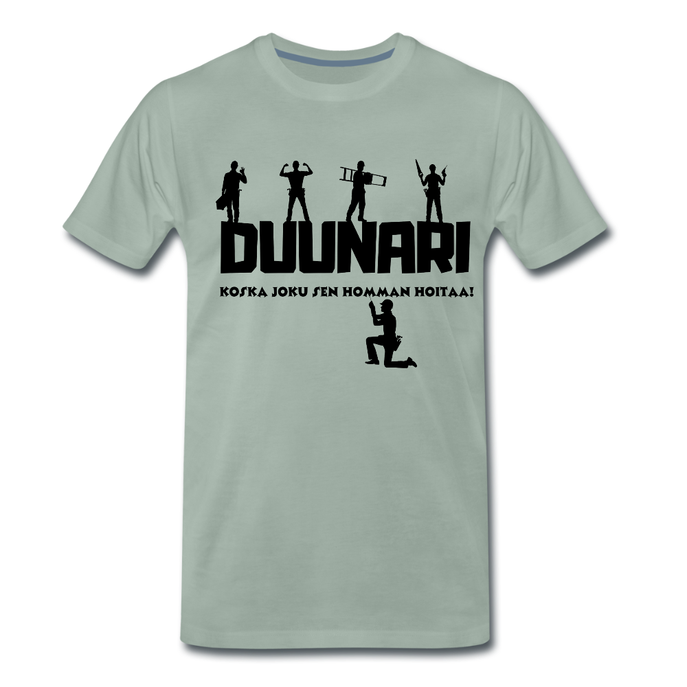 Miesten Spreadshirt Premium T-paita Duunari Printillä - harmaanvihreä
