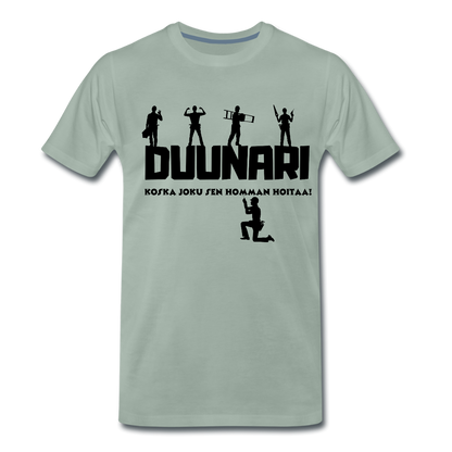 Miesten Spreadshirt Premium T-paita Duunari Printillä - harmaanvihreä