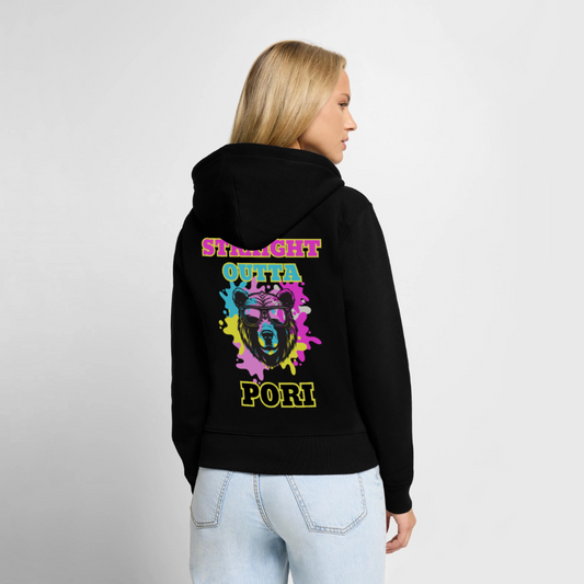 Naisten Premium svetaritakki Straight Outta Pori selkäpainatuksella - musta