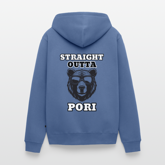 Miesten Premium vetoketjullinen huppari Straight Outta pori selkäpainatuksella - kyyhkynsininen