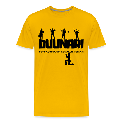 Miesten Spreadshirt Premium T-paita Duunari Printillä - auringonkeltainen