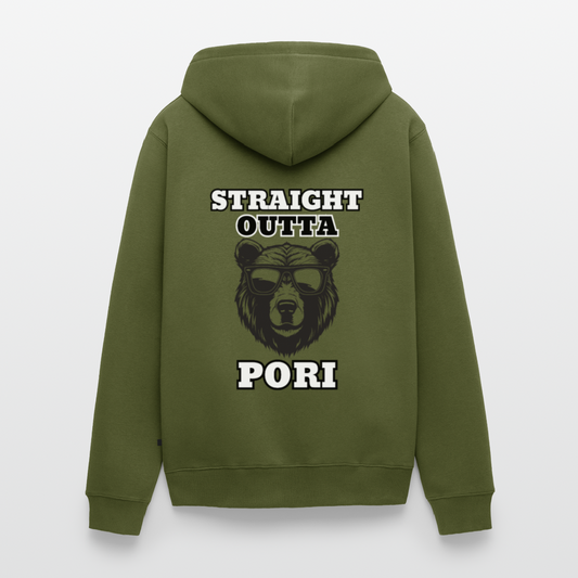 Miesten Premium vetoketjullinen huppari Straight Outta pori selkäpainatuksella - khaki