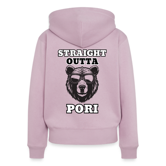 Naisten Premium svetaritakki Straight Outta Pori mustavalkoinen selkäpainatuksella - vanha roosa